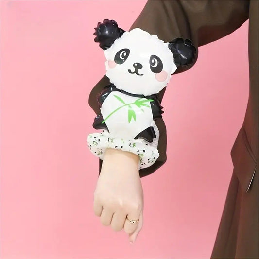 Balon din Folie Metalizata, Figurine Animalute, Tip Bratara, Model Panda, 13 x 35 cm, Ambalaj Individual, Pai Inclus, Umflare cu Aer sau Heliu, Alb/Negru