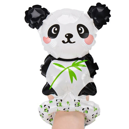 Balon din Folie Metalizata, Figurine Animalute, Tip Bratara, Model Panda, 13 x 35 cm, Ambalaj Individual, Pai Inclus, Umflare cu Aer sau Heliu, Alb/Negru