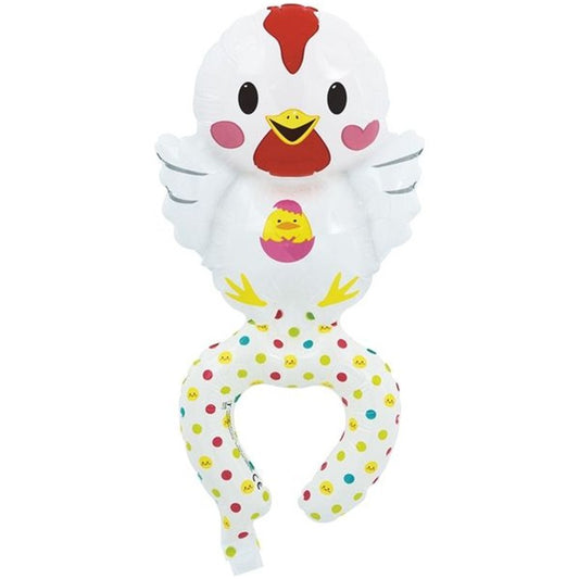 Balon din Folie Metalizata, Figurine Animalute, Tip Bratara, Model Gaina, Ambalaj Individual, Pai Inclus, Umflare cu Aer sau Heliu, Alb