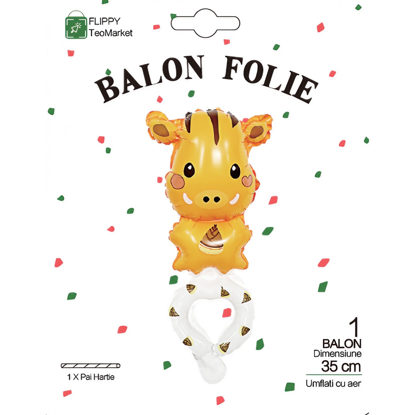 Balon din Folie Metalizata, Figurine Animalute, Tip Bratara, Model Girafa, 13 x 35 cm, Ambalaj Individual, Pai Inclus, Umflare cu Aer sau Heliu, Maro