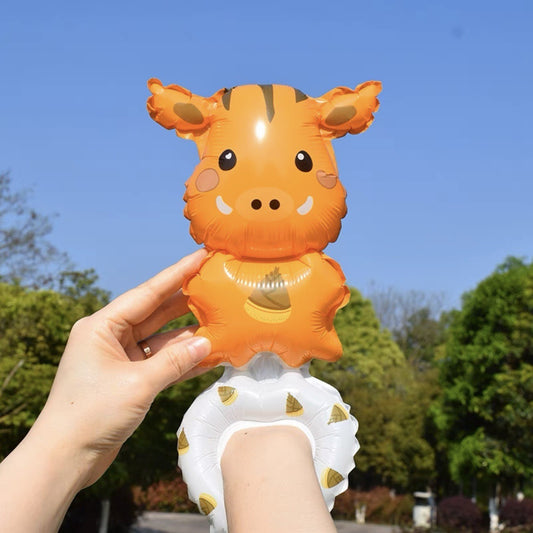 Balon din Folie Metalizata, Figurine Animalute, Tip Bratara, Model Mistret, Ambalaj Individual, Pai Inclus, Umflare cu Aer sau Heliu, Portocaliu