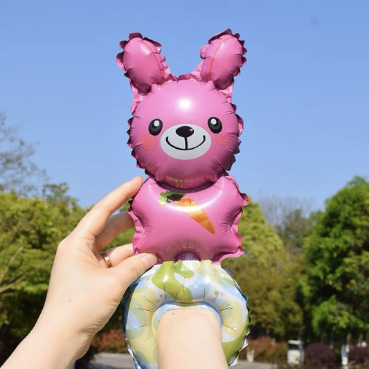 Balon din Folie Metalizata, Figurine Animalute, Tip Bratara, Model Iepuras, Ambalaj Individual, Pai Inclus, Umflare cu Aer sau Heliu, Roz
