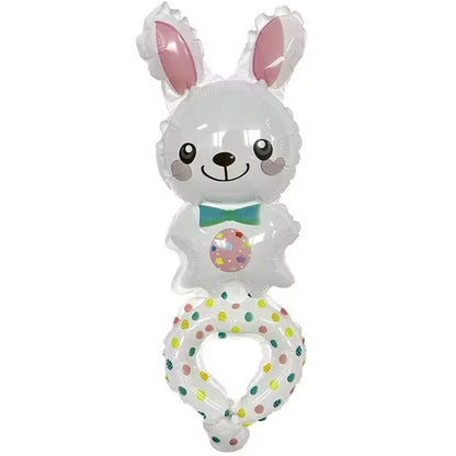 Balon din Folie Metalizata, Figurine Animalute, Tip Bratara, Model Iepuras, Ambalaj Individual, Pai Inclus, Umflare cu Aer sau Heliu, Alb