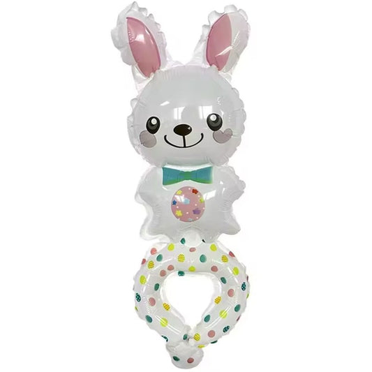 Balon din Folie Metalizata, Figurine Animalute, Tip Bratara, Model Iepuras, Ambalaj Individual, Pai Inclus, Umflare cu Aer sau Heliu, Alb