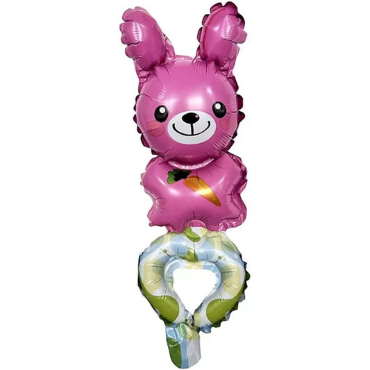 Balon din Folie Metalizata, Figurine Animalute, Tip Bratara, Model Iepuras, Ambalaj Individual, Pai Inclus, Umflare cu Aer sau Heliu, Roz