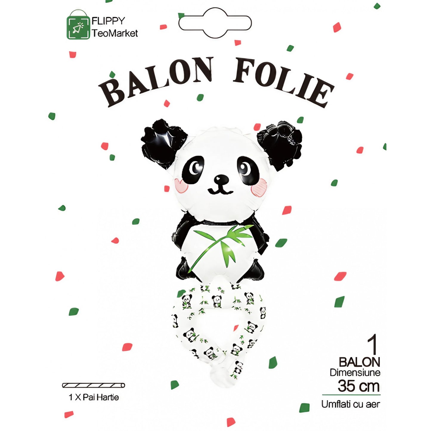Balon din Folie Metalizata, Figurine Animalute, Tip Bratara, Model Panda, 13 x 35 cm, Ambalaj Individual, Pai Inclus, Umflare cu Aer sau Heliu, Alb/Negru