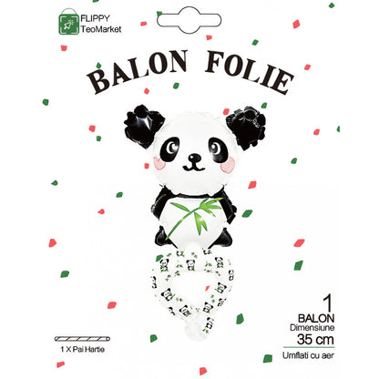 Balon din Folie Metalizata, Figurine Animalute, Tip Bratara, Model Panda, 13 x 35 cm, Ambalaj Individual, Pai Inclus, Umflare cu Aer sau Heliu, Alb/Negru