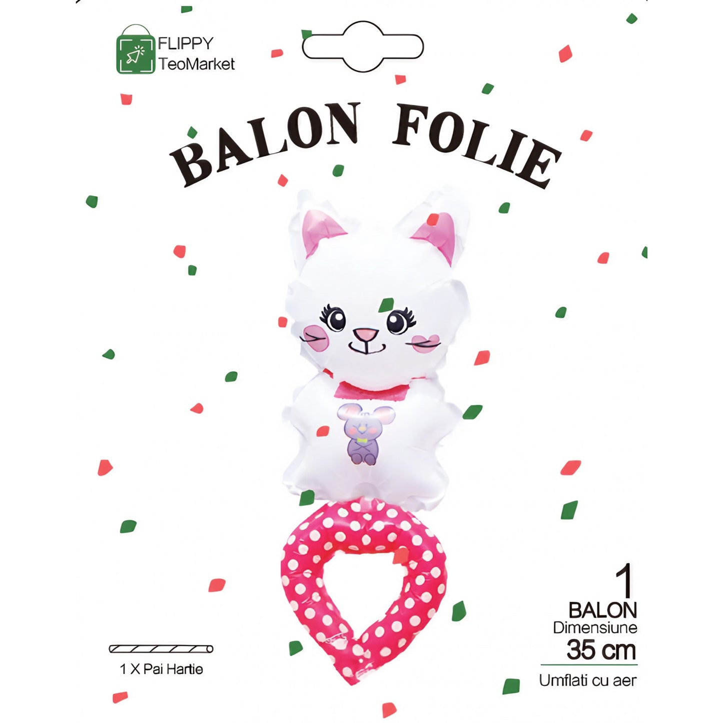 Balon din Folie Metalizata, Figurine Animalute, Tip Bratara, Model Pisica, 13 x 35 cm, Ambalaj Individual, Pai Inclus, Umflare cu Aer sau Heliu, Alb