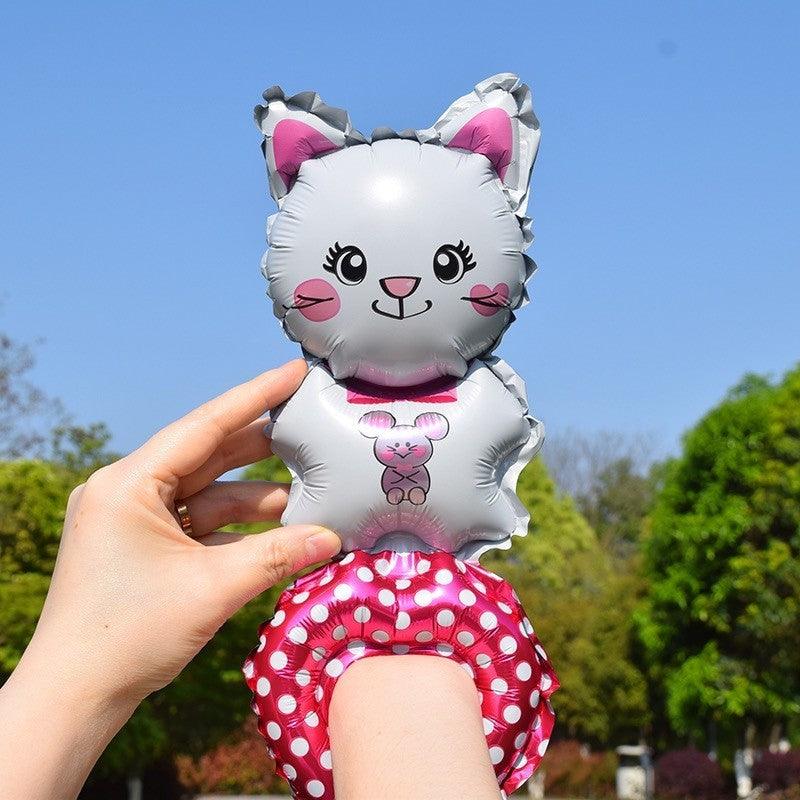 Balon din Folie Metalizata, Figurine Animalute, Tip Bratara, Model Pisica, Ambalaj Individual, Pai Inclus, Umflare cu Aer sau Heliu, Alb