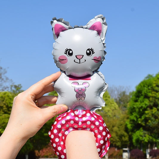 Balon din Folie Metalizata, Figurine Animalute, Tip Bratara, Model Pisica, Ambalaj Individual, Pai Inclus, Umflare cu Aer sau Heliu, Alb