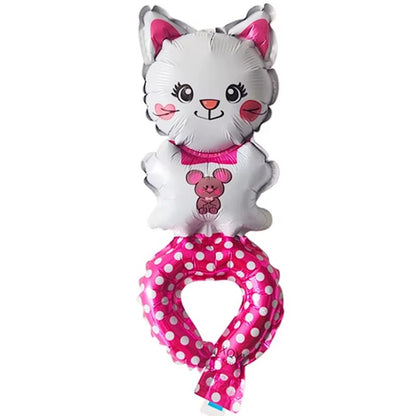 Balon din Folie Metalizata, Figurine Animalute, Tip Bratara, Model Pisica, Ambalaj Individual, Pai Inclus, Umflare cu Aer sau Heliu, Alb