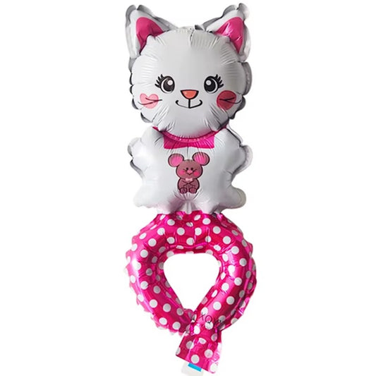 Balon din Folie Metalizata, Figurine Animalute, Tip Bratara, Model Pisica, Ambalaj Individual, Pai Inclus, Umflare cu Aer sau Heliu, Alb