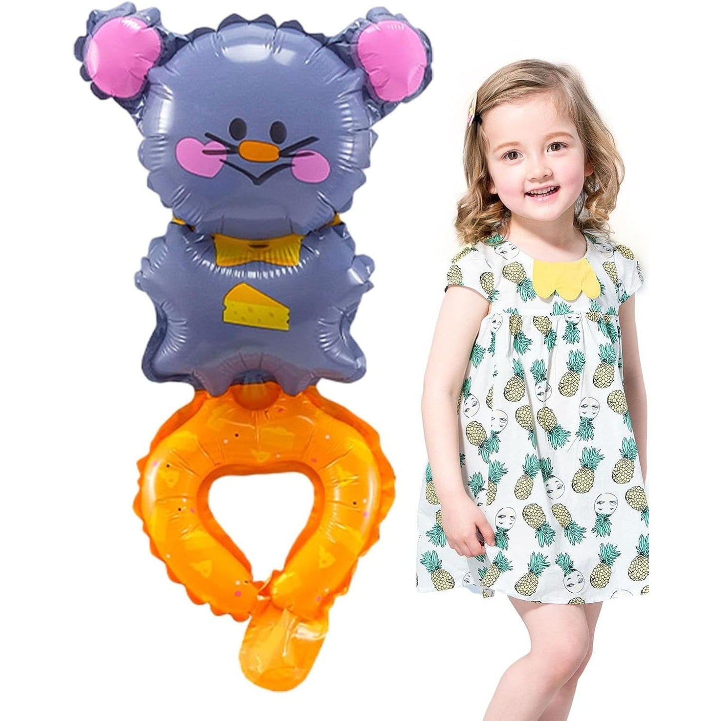 Balon din Folie Metalizata, Figurine Animalute, Tip Bratara, Model Soricel, Ambalaj Individual, Pai Inclus, Umflare cu Aer sau Heliu, Gri