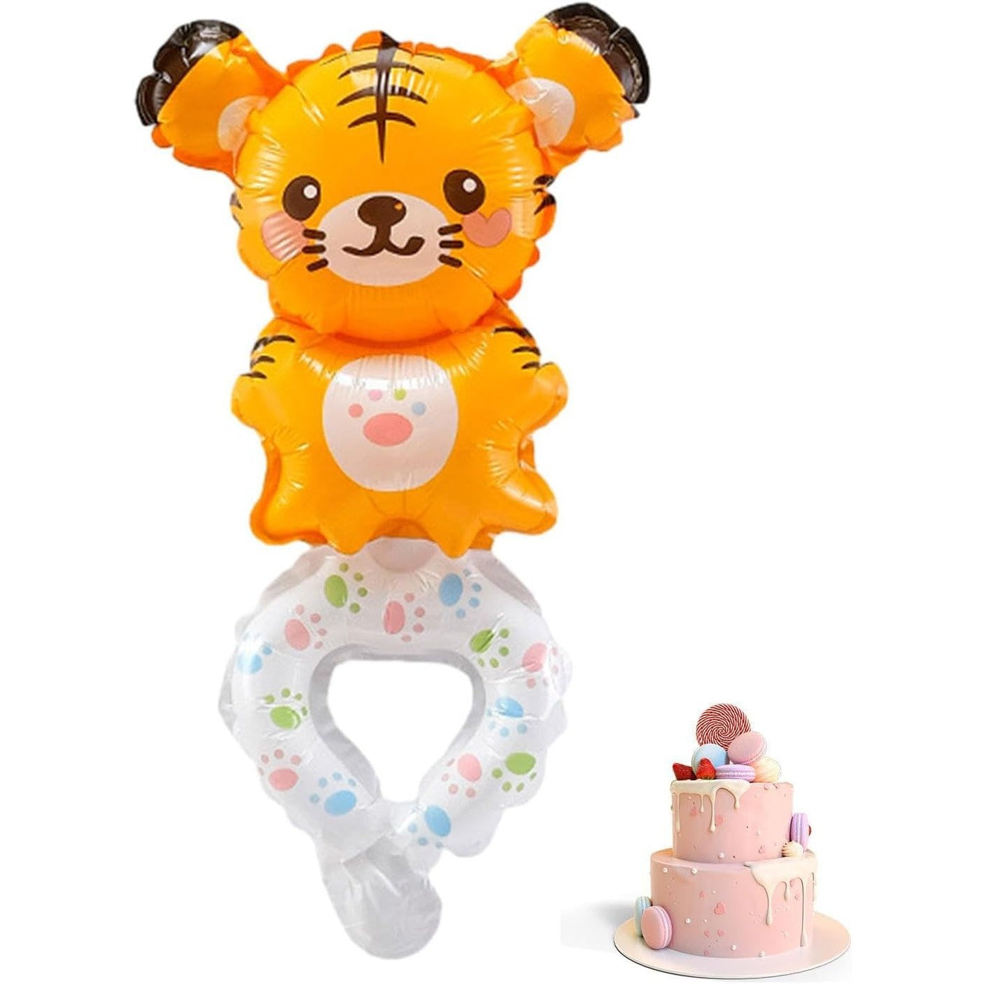 Balon din Folie Metalizata, Figurine Animalute, Tip Bratara, Model Tigru, 17x34 cm, Ambalaj Individual, Pai Inclus, Umflare cu Aer sau Heliu, Maro