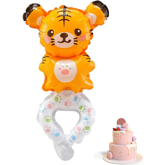 Balon din Folie Metalizata, Figurine Animalute, Tip Bratara, Model Tigru, 17x34 cm, Ambalaj Individual, Pai Inclus, Umflare cu Aer sau Heliu, Maro