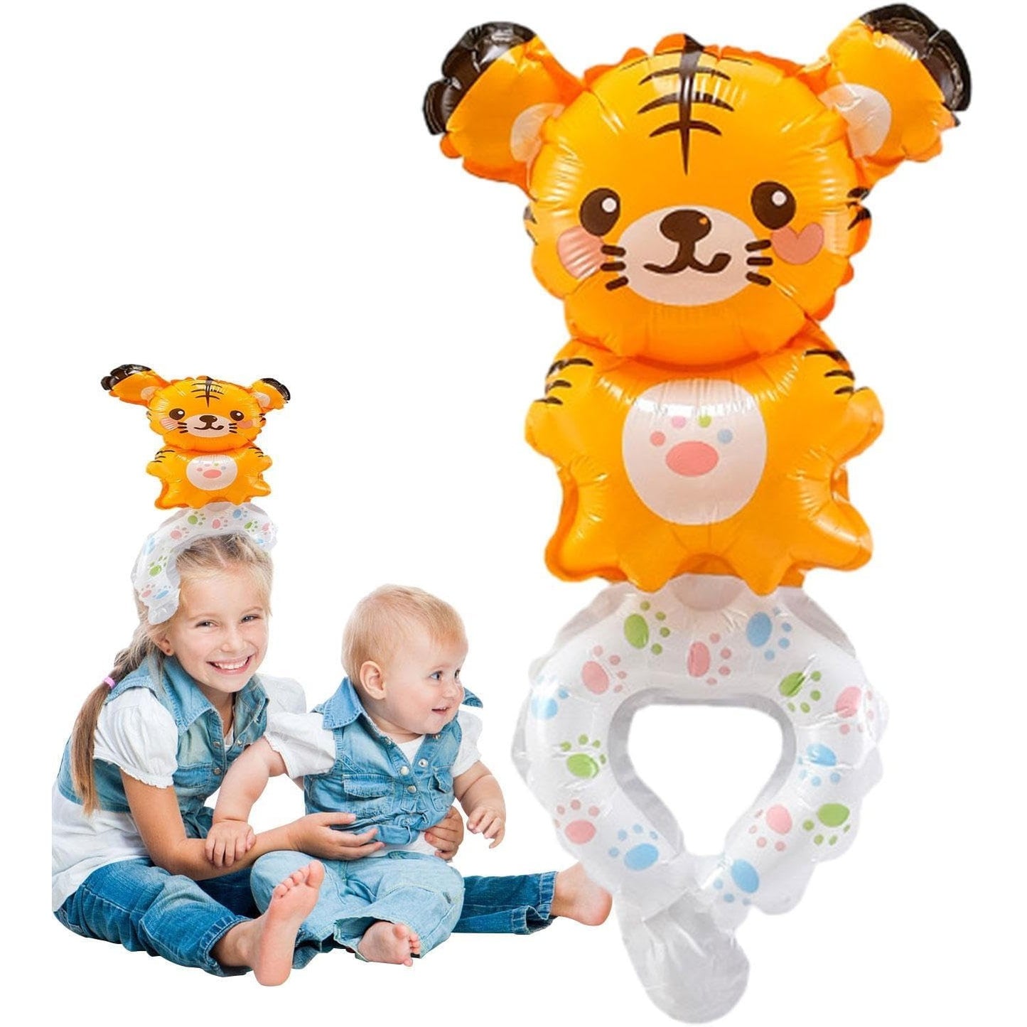 Balon din Folie Metalizata, Figurine Animalute, Tip Bratara, Model Tigru, 17x34 cm, Ambalaj Individual, Pai Inclus, Umflare cu Aer sau Heliu, Maro