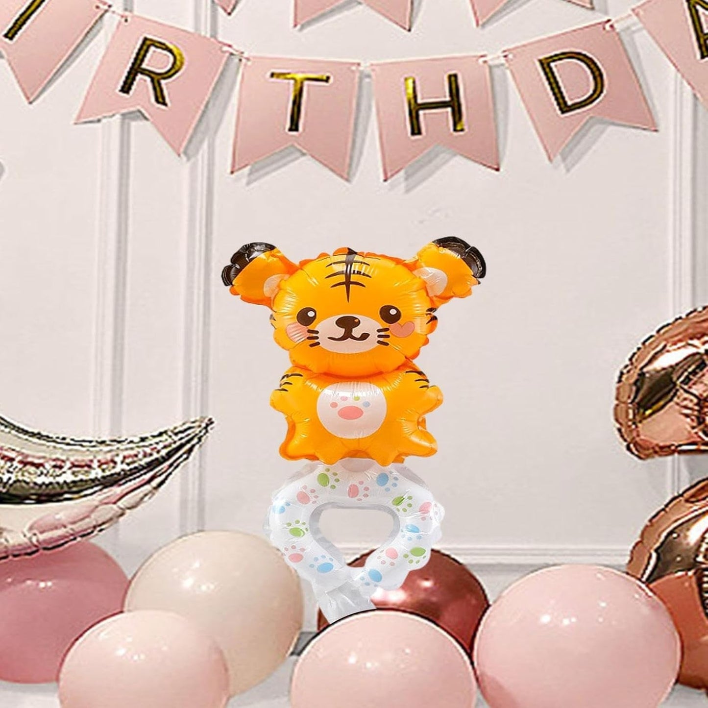 Balon din Folie Metalizata, Figurine Animalute, Tip Bratara, Model Tigru, 17x34 cm, Ambalaj Individual, Pai Inclus, Umflare cu Aer sau Heliu, Maro