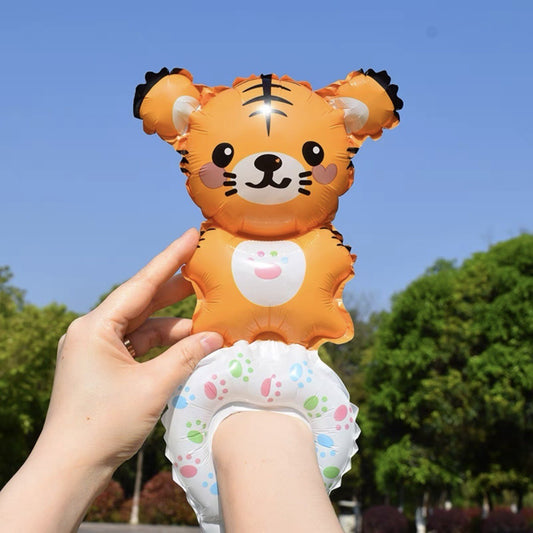 Balon din Folie Metalizata, Figurine Animalute, Tip Bratara, Model Tigru, Ambalaj Individual, Pai Inclus, Umflare cu Aer sau Heliu, Portocaliu