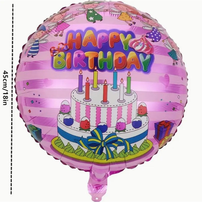 Balon din Folie Metalizata, Figurine, Model 1, Happy Birthday, Tematica Aniversare, 45 cm, Ambalaj Individual, Pai Inclus, Umflare cu Aer sau Heliu, Multicolor