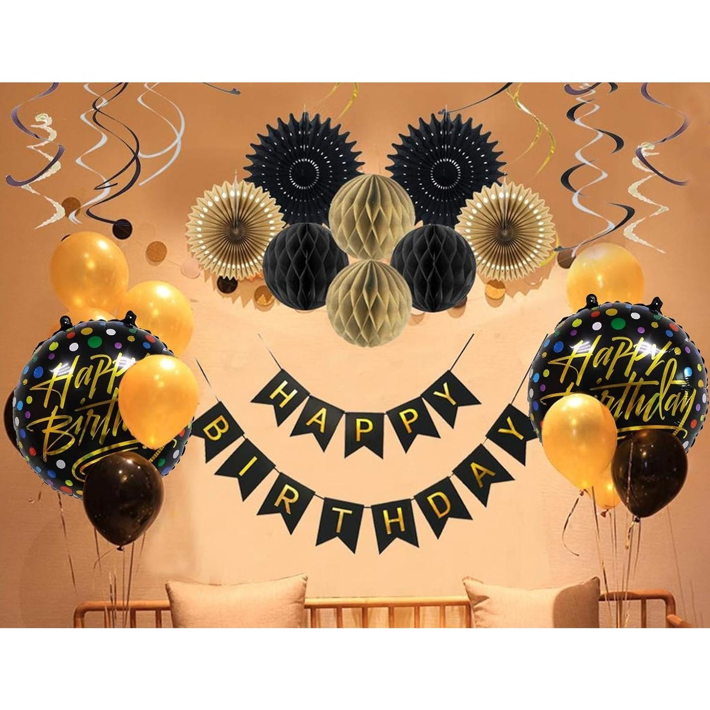 Balon din Folie Metalizata, Figurine, Model 3, Happy Birthday, Tematica Aniversare, 45 cm, Ambalaj Individual, Pai Inclus, Umflare cu Aer sau Heliu, Multicolor