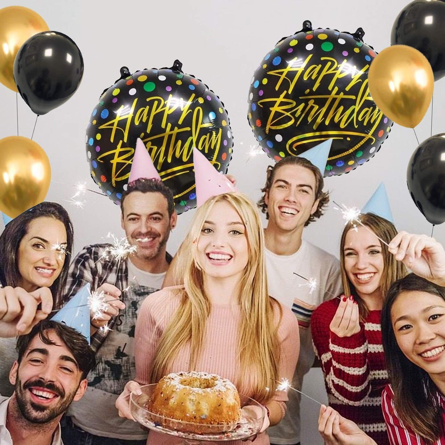 Balon din Folie Metalizata, Figurine, Model 3, Happy Birthday, Tematica Aniversare, 45 cm, Ambalaj Individual, Pai Inclus, Umflare cu Aer sau Heliu, Multicolor