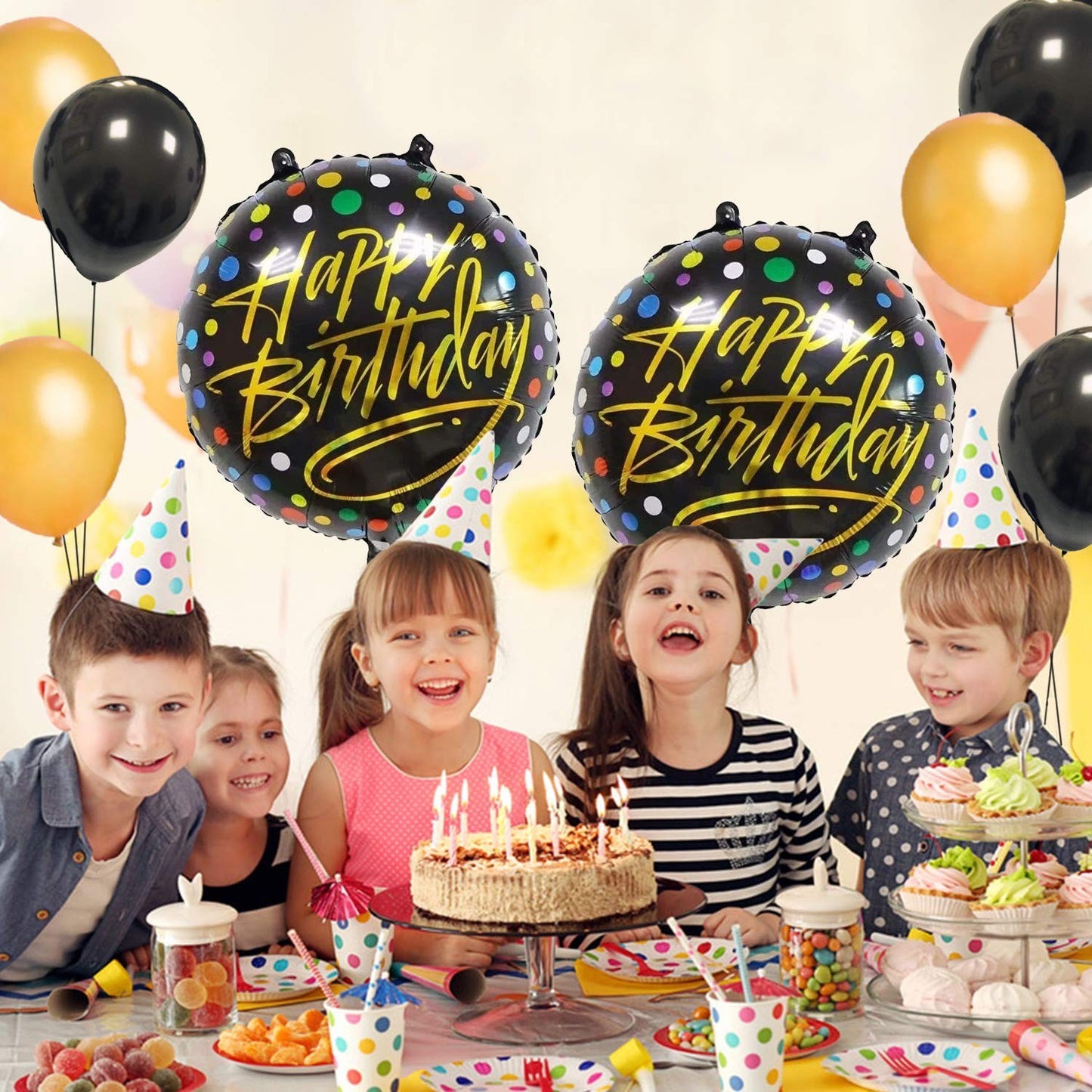 Balon din Folie Metalizata, Figurine, Model 3, Happy Birthday, Tematica Aniversare, 45 cm, Ambalaj Individual, Pai Inclus, Umflare cu Aer sau Heliu, Multicolor