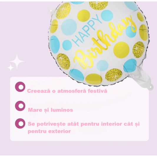 Balon din Folie Metalizata, Figurine, Model 5, Happy Birthday, Tematica Aniversare, 45 cm, Ambalaj Individual, Pai Inclus, Umflare cu Aer sau Heliu, Multicolor