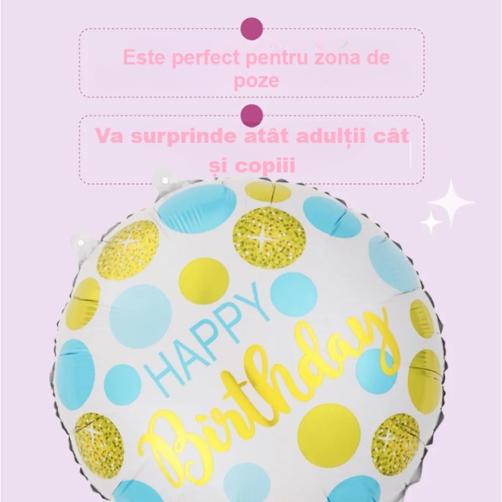 Balon din Folie Metalizata, Figurine, Model 5, Happy Birthday, Tematica Aniversare, 45 cm, Ambalaj Individual, Pai Inclus, Umflare cu Aer sau Heliu, Multicolor
