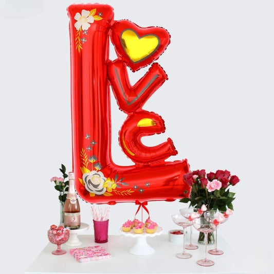 Balon din Folie Metalizata, Figurine, Model LOVE, Tematica Iubire, 110x64 cm, Ambalaj Individual, Pai Inclus, Umflare cu Aer sau Heliu, Rosu