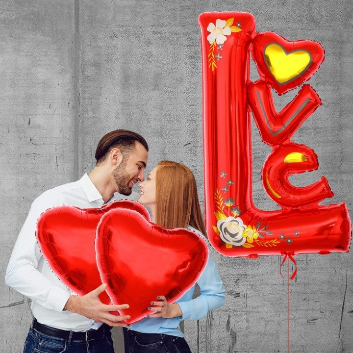 Balon din Folie Metalizata, Figurine, Model LOVE, Tematica Iubire, 110x64 cm, Ambalaj Individual, Pai Inclus, Umflare cu Aer sau Heliu, Rosu