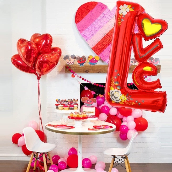 Balon din Folie Metalizata, Figurine, Model LOVE, Tematica Iubire, 110x64 cm, Ambalaj Individual, Pai Inclus, Umflare cu Aer sau Heliu, Rosu