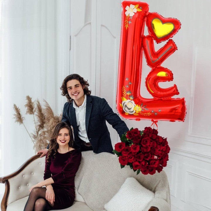Balon din Folie Metalizata, Figurine, Model LOVE, Tematica Iubire, 110x64 cm, Ambalaj Individual, Pai Inclus, Umflare cu Aer sau Heliu, Rosu