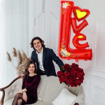 Balon din Folie Metalizata, Figurine, Model LOVE, Tematica Iubire, 110x64 cm, Ambalaj Individual, Pai Inclus, Umflare cu Aer sau Heliu, Rosu