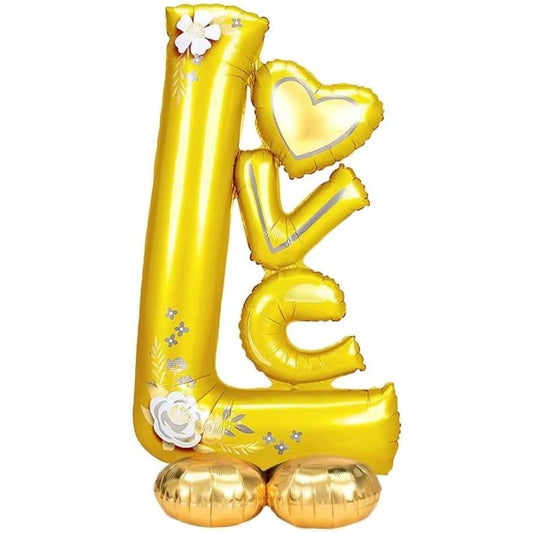Balon din Folie Metalizata, Figurine, Model LOVE, Tematica Iubire, 110x64 cm, Ambalaj Individual, Pai Inclus, Umflare cu Aer sau Heliu, Galben