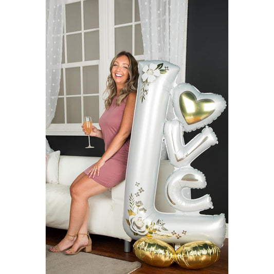 Balon din Folie Metalizata, Figurine, Model LOVE, Tematica Iubire, 110x64 cm, Ambalaj Individual, Pai Inclus, Umflare cu Aer sau Heliu, Alb