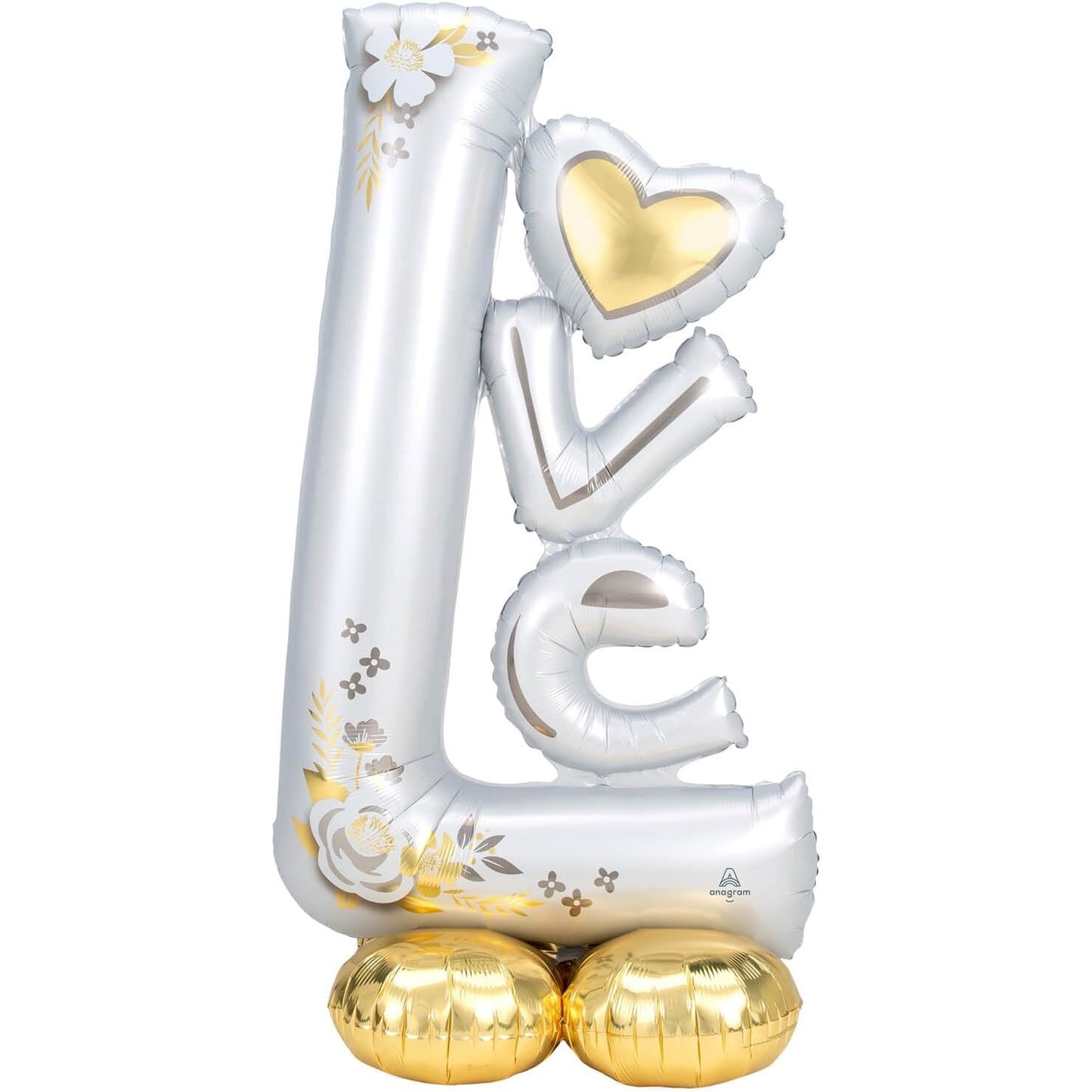 Balon din Folie Metalizata, Figurine, Model LOVE, Tematica Iubire, 110x64 cm, Ambalaj Individual, Pai Inclus, Umflare cu Aer sau Heliu, Alb