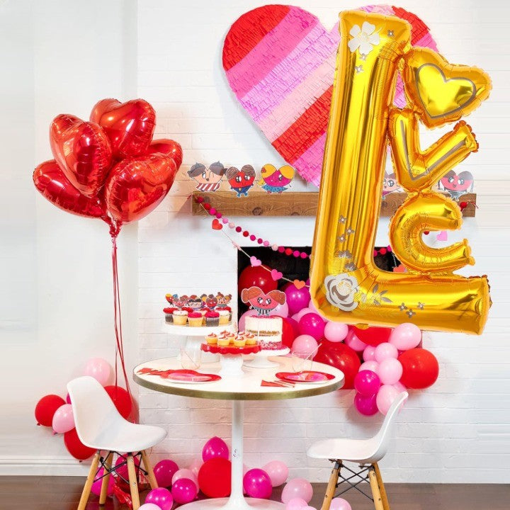 Balon din Folie Metalizata, Figurine, Model LOVE, Tematica Iubire, 110x64 cm, Ambalaj Individual, Pai Inclus, Umflare cu Aer sau Heliu, Galben