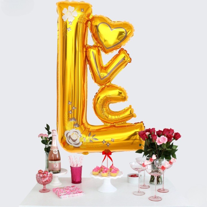 Balon din Folie Metalizata, Figurine, Model LOVE, Tematica Iubire, 110x64 cm, Ambalaj Individual, Pai Inclus, Umflare cu Aer sau Heliu, Galben