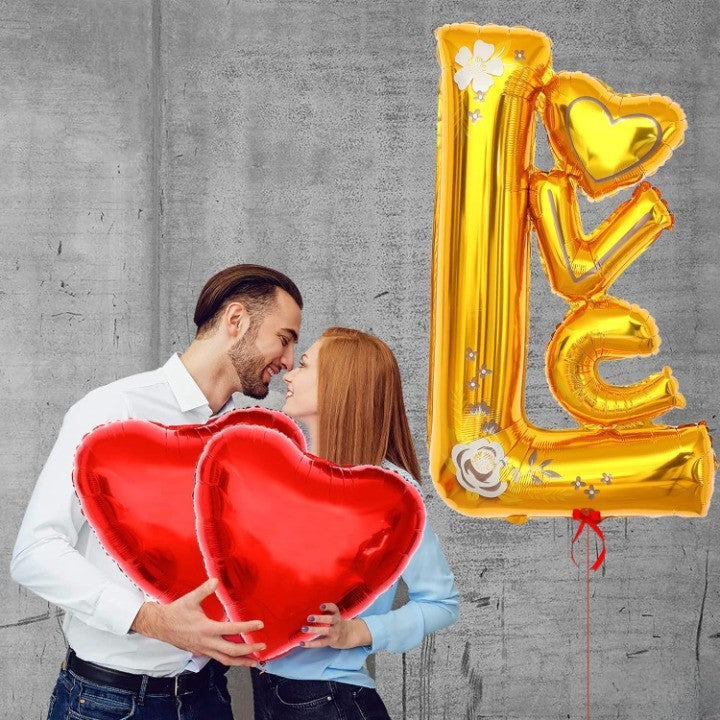 Balon din Folie Metalizata, Figurine, Model LOVE, Tematica Iubire, 110x64 cm, Ambalaj Individual, Pai Inclus, Umflare cu Aer sau Heliu, Galben