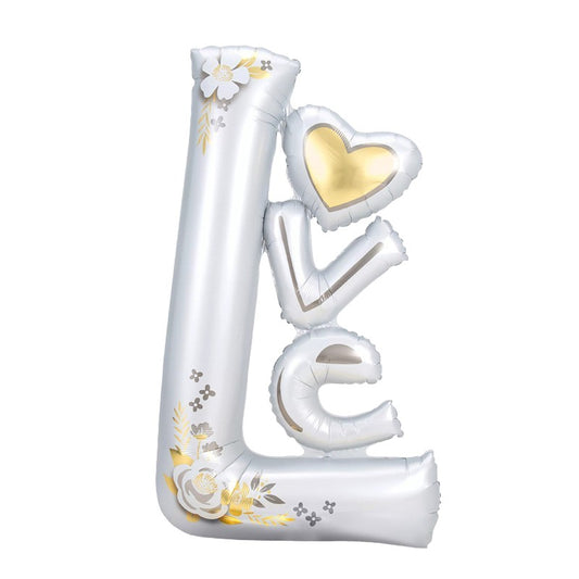 Balon din Folie Metalizata, Figurine, Model LOVE, Tematica Iubire, 110x64 cm, Ambalaj Individual, Pai Inclus, Umflare cu Aer sau Heliu, Alb