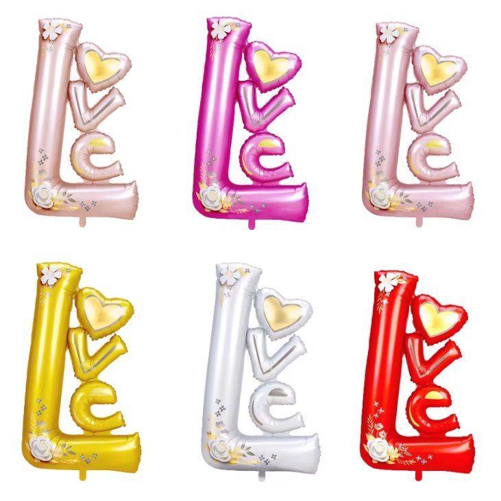 Balon din Folie Metalizata, Figurine, Model LOVE, Tematica Iubire, 110x64 cm, Ambalaj Individual, Pai Inclus, Umflare cu Aer sau Heliu, Alb