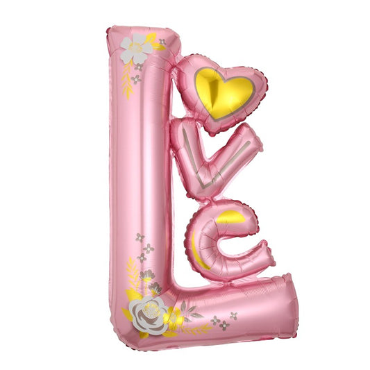 Balon din Folie Metalizata, Figurine, Model LOVE, Tematica Iubire, 110x64 cm, Ambalaj Individual, Pai Inclus, Umflare cu Aer sau Heliu, Roz