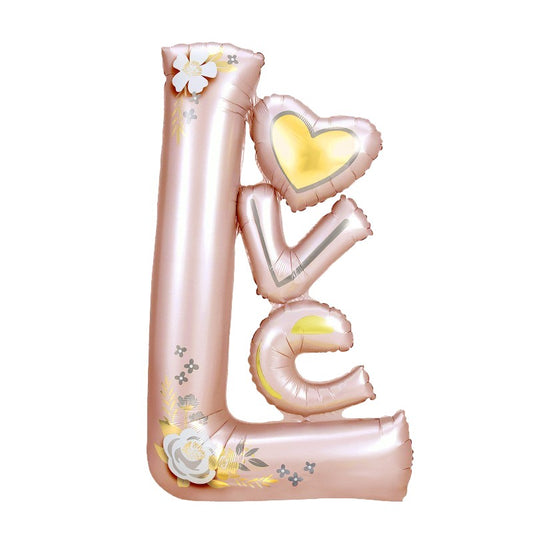 Balon din Folie Metalizata, Figurine, Model LOVE, Tematica Iubire, 110x64 cm, Ambalaj Individual, Pai Inclus, Umflare cu Aer sau Heliu, Roz Deschis