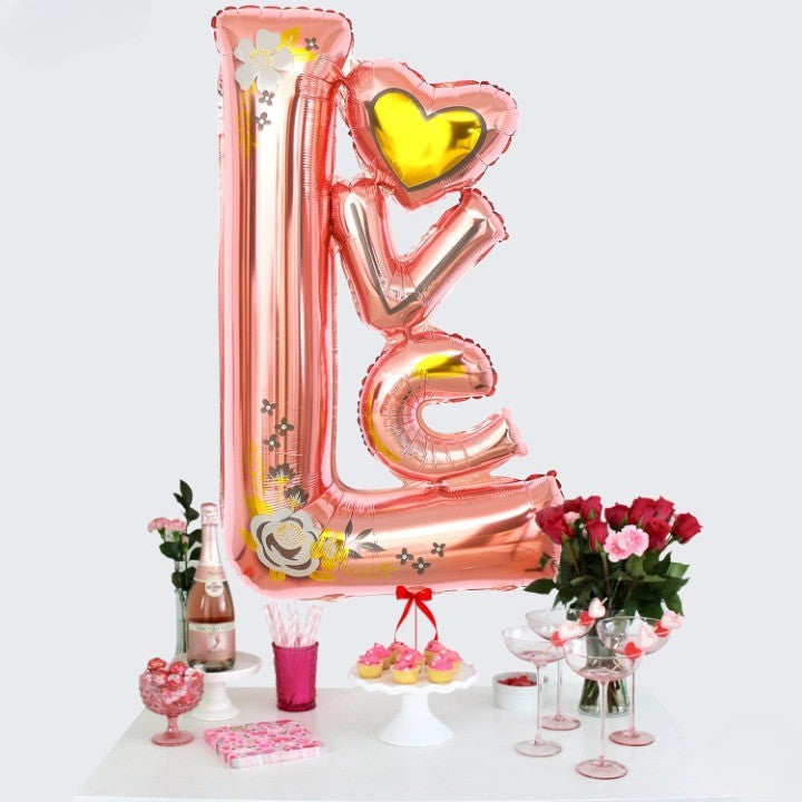 Balon din Folie Metalizata, Figurine, Model LOVE, Tematica Iubire, 110x64 cm, Ambalaj Individual, Pai Inclus, Umflare cu Aer sau Heliu, Roz