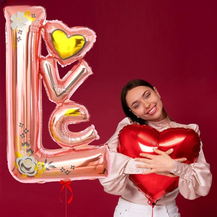 Balon din Folie Metalizata, Figurine, Model LOVE, Tematica Iubire, 110x64 cm, Ambalaj Individual, Pai Inclus, Umflare cu Aer sau Heliu, Roz