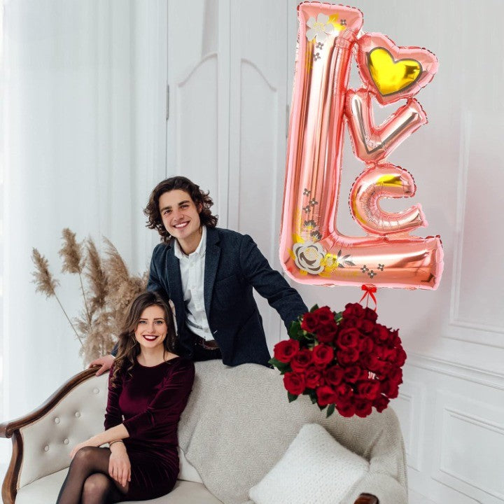 Balon din Folie Metalizata, Figurine, Model LOVE, Tematica Iubire, 110x64 cm, Ambalaj Individual, Pai Inclus, Umflare cu Aer sau Heliu, Roz