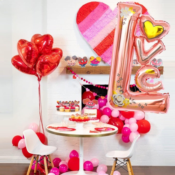 Balon din Folie Metalizata, Figurine, Model LOVE, Tematica Iubire, 110x64 cm, Ambalaj Individual, Pai Inclus, Umflare cu Aer sau Heliu, Roz