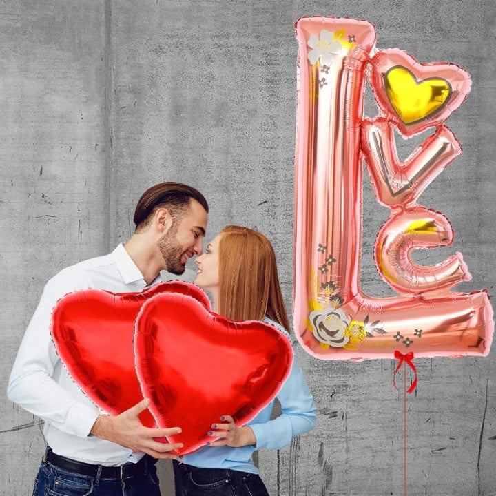Balon din Folie Metalizata, Figurine, Model LOVE, Tematica Iubire, 110x64 cm, Ambalaj Individual, Pai Inclus, Umflare cu Aer sau Heliu, Roz