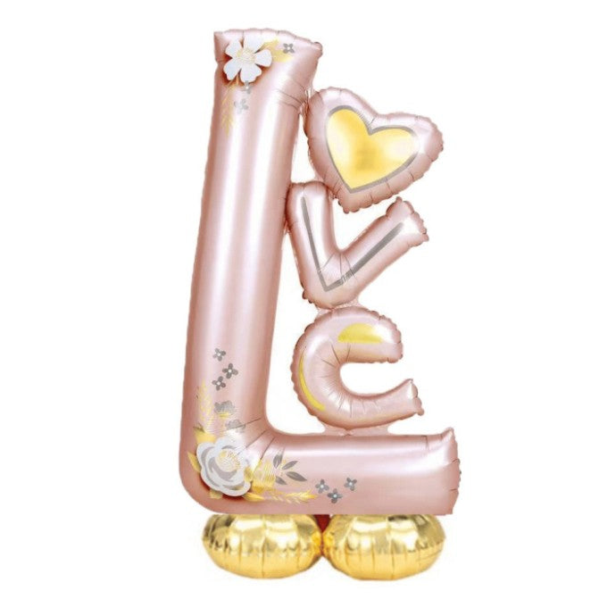 Balon din Folie Metalizata, Figurine, Model LOVE, Tematica Iubire, 110x64 cm, Ambalaj Individual, Pai Inclus, Umflare cu Aer sau Heliu, Roz Deschis