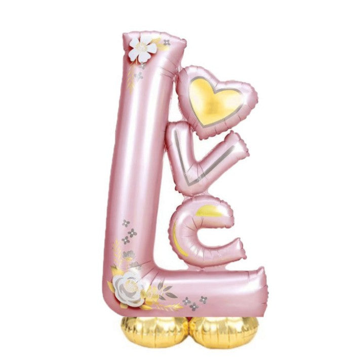 Balon din Folie Metalizata, Figurine, Model LOVE, Tematica Iubire, 110x64 cm, Ambalaj Individual, Pai Inclus, Umflare cu Aer sau Heliu, Roz Deschis